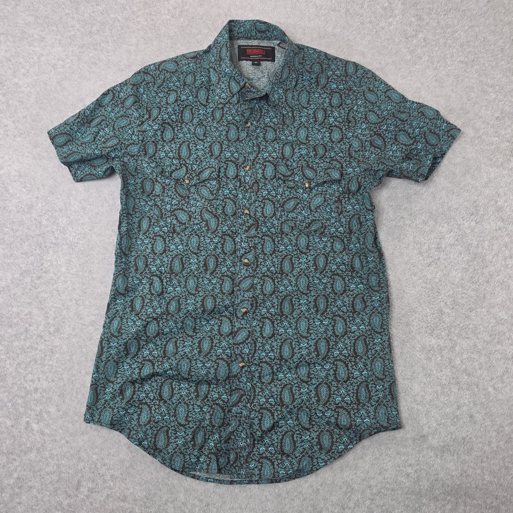 Rock & Roll Denim Pearl Snap Shirt Men's M Blue Short Sleeve Paisley Western